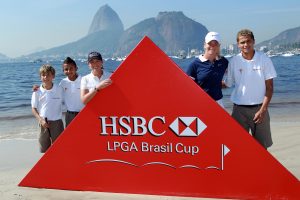 LPGA players Cristie Kerr of the USA and Suzann Pettersen on the beach at Botafogo prior to the start of the HSBC LPGA Brazil Cup on May 26, 2011 in Rio de Janeiro, Brazil.